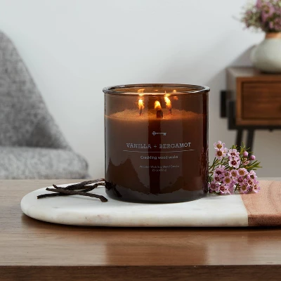 23oz XL 3-Wick Vanilla + Bergamot Wooden Amber Glass With Wood Lid And Stamped Logo Amber - Threshold™ 3 23oz XL 3-Wick Vanilla + Bergamot Wooden Amber Glass With Wood Lid And Stamped Logo Amber - Threshold™