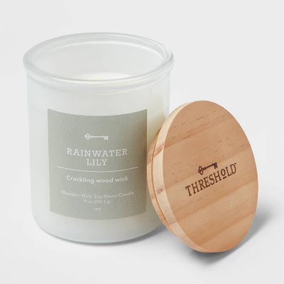 9oz Milky White Glass Woodwick Candle With Wood Lid And Stamped Logo Rainwater Lily - Threshold™ 4 9oz Milky White Glass Woodwick Candle With Wood Lid And Stamped Logo Rainwater Lily - Threshold™ - Image 2