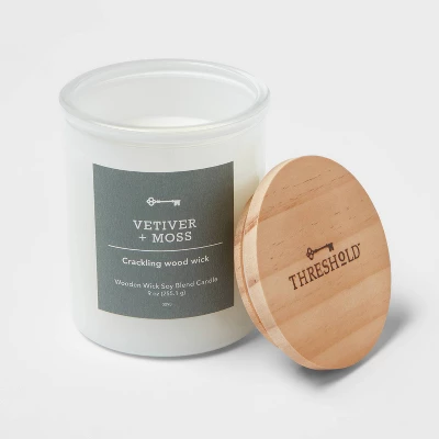 9oz Milky White Glass Woodwick Candle With Wood Lid And Stamped Logo Vetiver And Moss - Threshold™ 3 9oz Milky White Glass Woodwick Candle With Wood Lid And Stamped Logo Vetiver And Moss - Threshold™ - Image 2