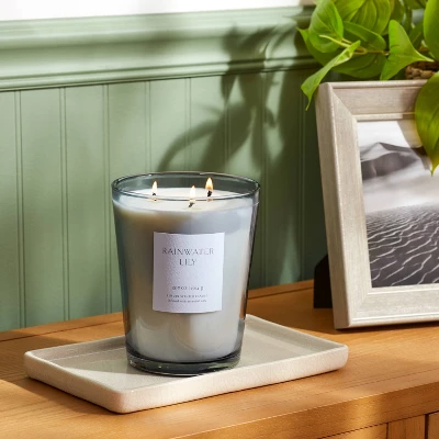 Colored Vase Glass With Dustcover Rainwater Lily Candle Gray - Threshold™ 3 Colored Vase Glass With Dustcover Rainwater Lily Candle Gray - Threshold™