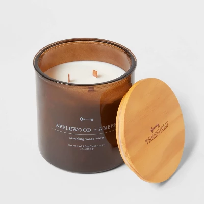 23oz XL 3-Wick Applewood + Amber Wooden Amber Glass With Wood Lid And Stamped Logo Amber - Threshold™ 4 23oz XL 3-Wick Applewood + Amber Wooden Amber Glass With Wood Lid And Stamped Logo Amber - Threshold™ - Image 2